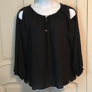 NEW Susan Graver Blk Peasant Top w/ Cold Shoulder
